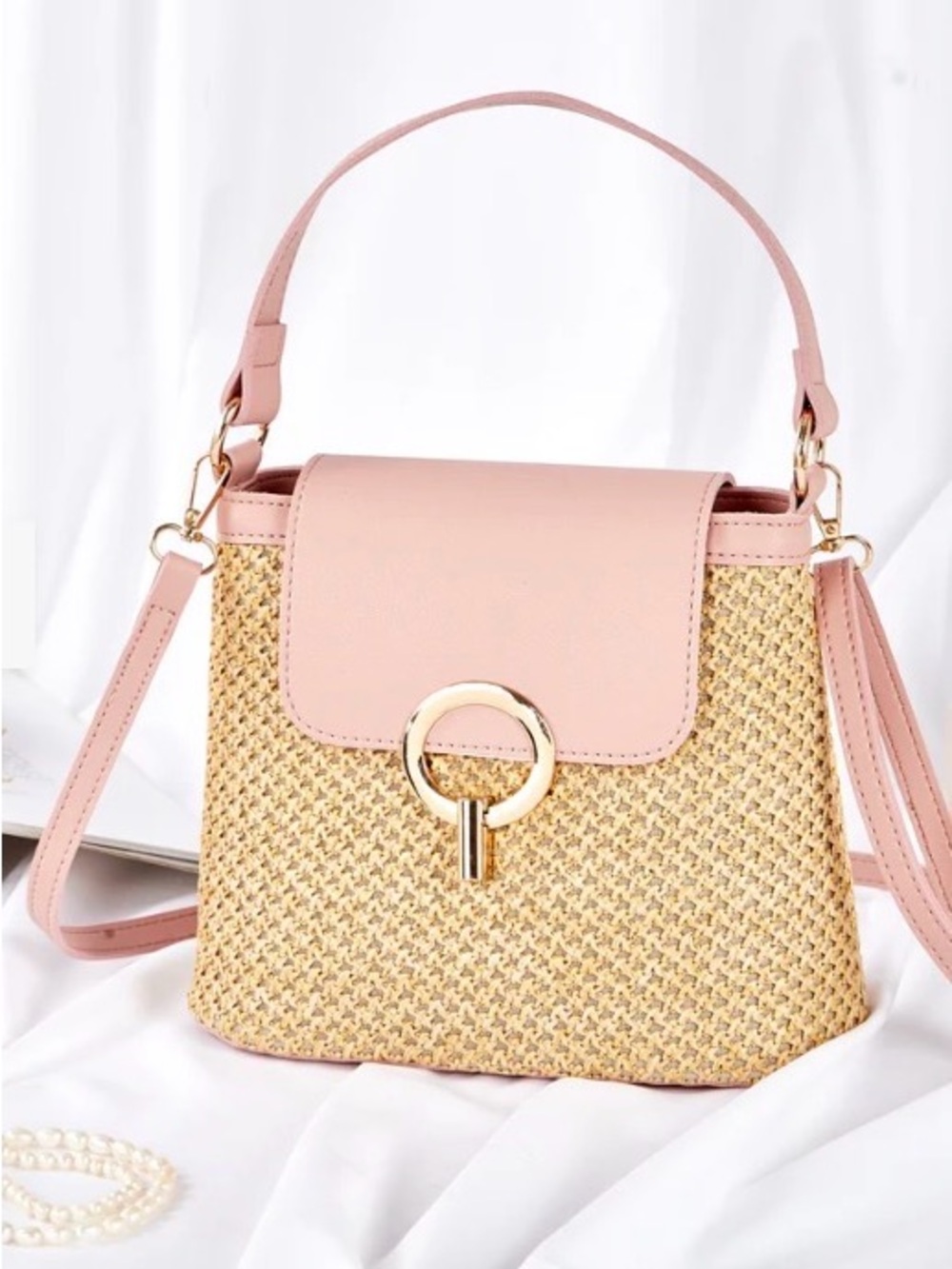 Women's Pink Straw Crossbody Bag with Gold Ring Accent